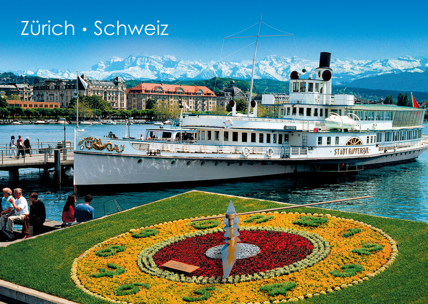 Postkarte · Zuerich · Bellevue · Blumenuhr Dampfschiff