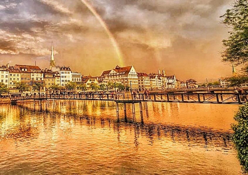 Postkarte · Zuerich · Limmat · Regenbogen Bruecke